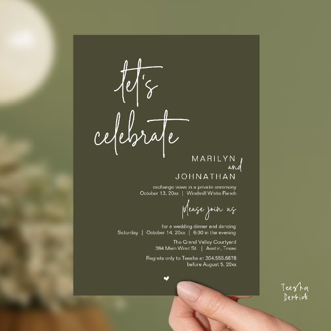Invitation Let's Celebrate, Minimal Modern Wedding Reception (Let's Celebrate, Modern Minimal Wedding Reception dinner dancing Invitation card olive green)