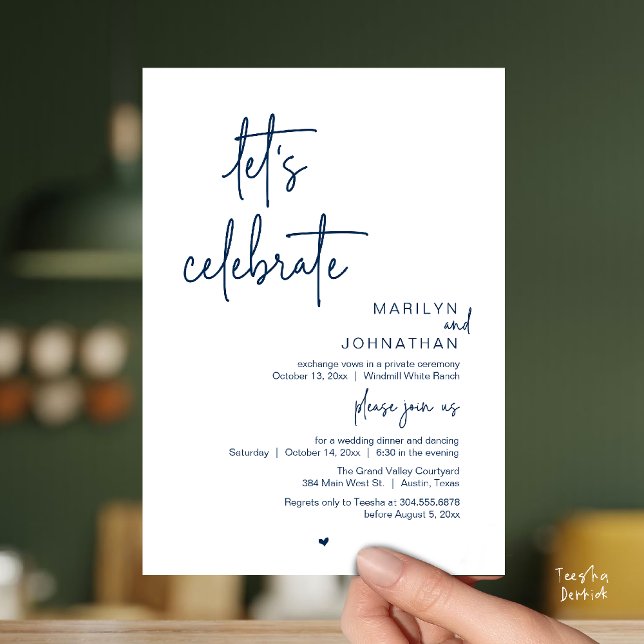 Invitation Let's Celebrate, Minimal Modern Wedding Reception (Let's Celebrate, Modern Minimal Wedding Reception dinner dancing Invitation card navy blue)