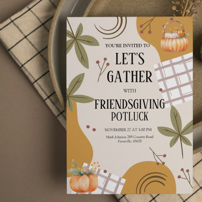 Invitation Let's Gather Friendsgiving Potluck Thanksgiving  (friendsgiving thanksgiving invitations neighborhood picnic dinner feast burnt orange pumpkin freinds)