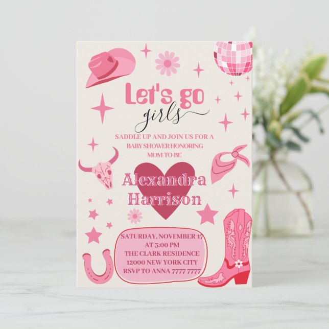 Invitation Let's Go Girl Pink disco Cowgirl Rodeo Baby shower (Debout devant)