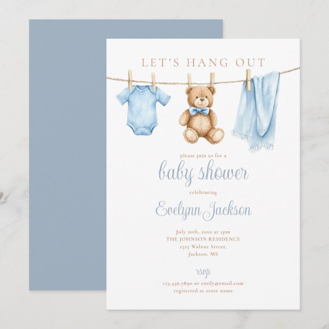 Invitation Let's Hang Out Blue Boy Clothesline Baby Shower (Devant / Derrière)