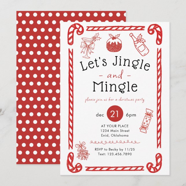 Invitation Let's Jingle and Mingle Red Doodle Holiday Party (Devant / Derrière)