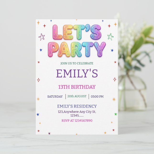 Invitation Let's Party Colorful Birthday Party (Debout devant)