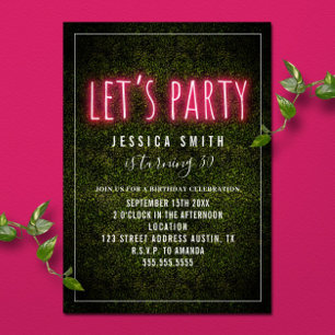 Invitation Let's Party Print Pink Neon Boxwood Birthday