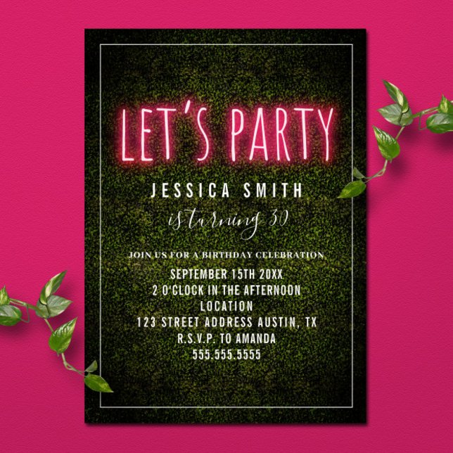 Invitation Let's Party Print Pink Neon Boxwood Birthday (Créateur téléchargé)