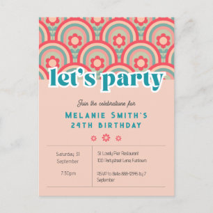 Invitation "Let's Party" Retro flower child, pink Postcard