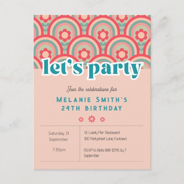 Invitation "Let's Party" Retro flower child, pink  Postcard (Front)