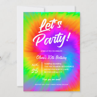 Invitation Let's Party Vibrant Tie Dye  birthday 