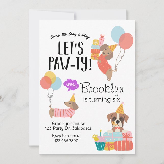 Invitation Let's Paw-ty, Dog Birthday, Puppy Party (Devant)