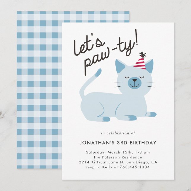 Invitation Lets Pawty Cute Kitty Chat Blue Anniversaire (Devant / Derrière)