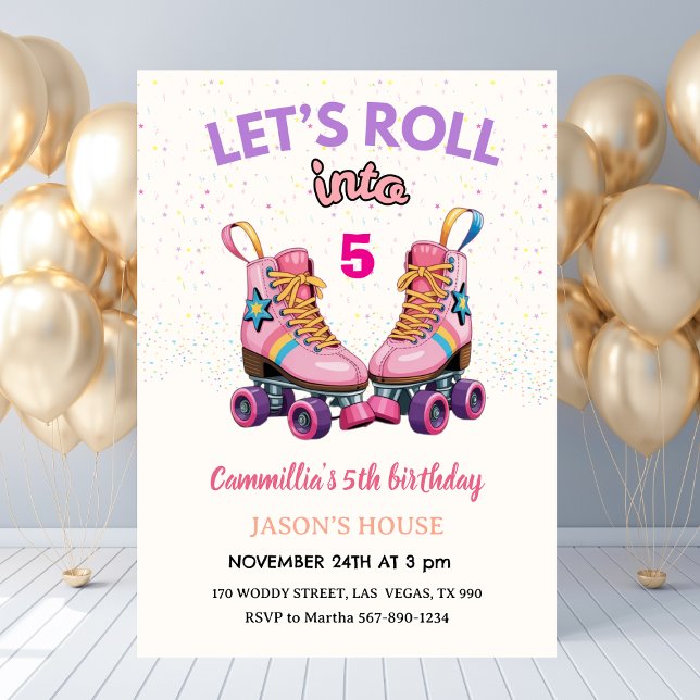 Invitation Let's Roll into 5 Retro Roller Skate Birthday  (Let's Roll into 5 Retro Roller Skate Birthday Invitation
)