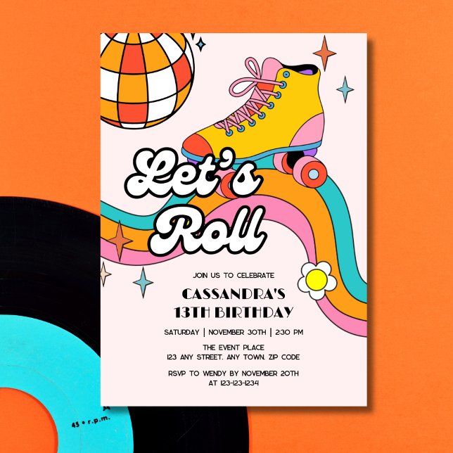 Invitation Let's Roll Retro Roller Skating Girl Birthday  (Créateur téléchargé)