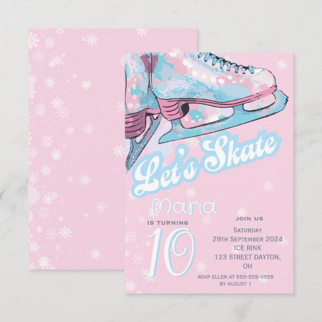 Invitation "Let's skate" figure ice skating birthday party (Devant / Derrière)