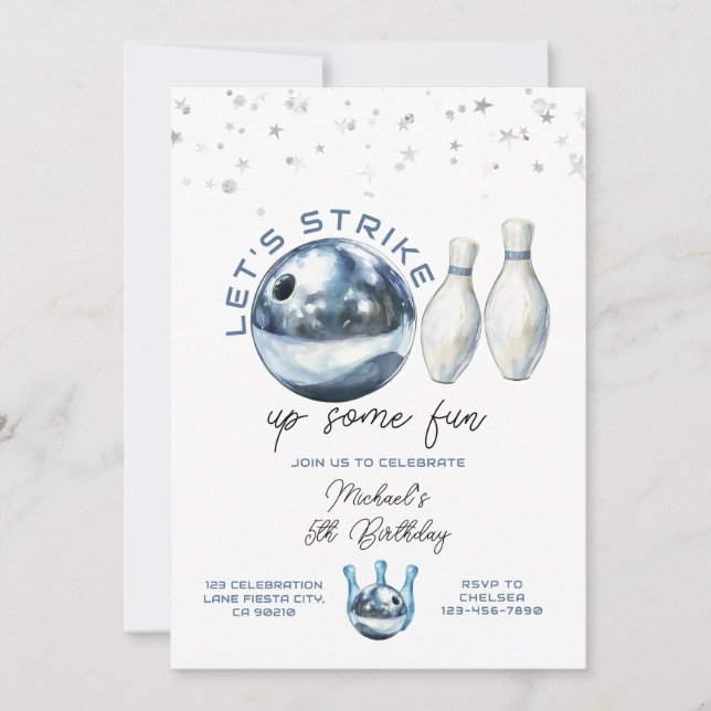 Invitation Let's Strike Boy 5th Galaxy bowling birthday party (Devant)