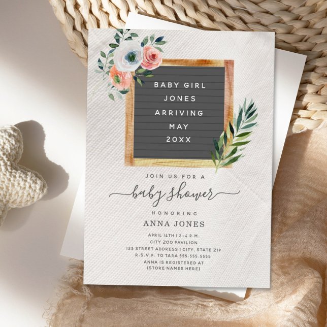 Invitation Letterboard Boho Floral Girl Baby shower Invitatia (Créateur téléchargé)