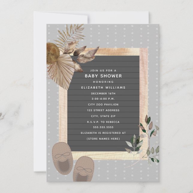 Invitation Letterboard Chaussures pour bébés Boho Baby shower (Devant)