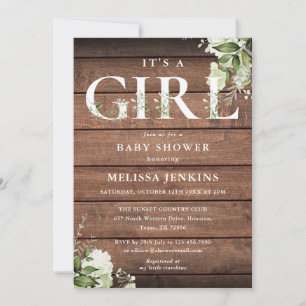 Invitation Lettre A Girl Greenery Baby shower en bois rustiqu