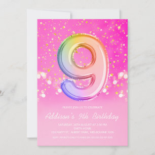 Invitation Lettre arc-en-ciel rose Numéro Neuf Anniversaire