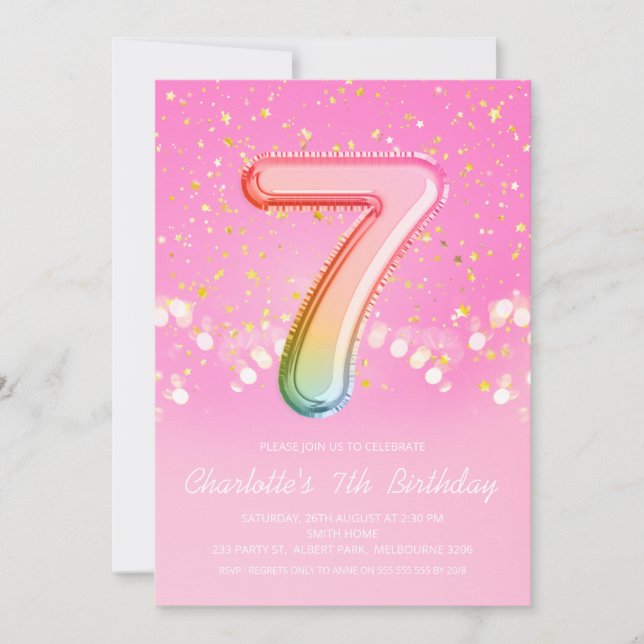 Invitation Lettre arc-en-ciel rose numéro sept anniversaire (Devant)