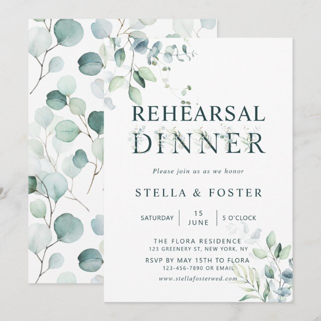 Invitation Lettre botanique Eucalyptus Dîner de répétition (Devant / Derrière)