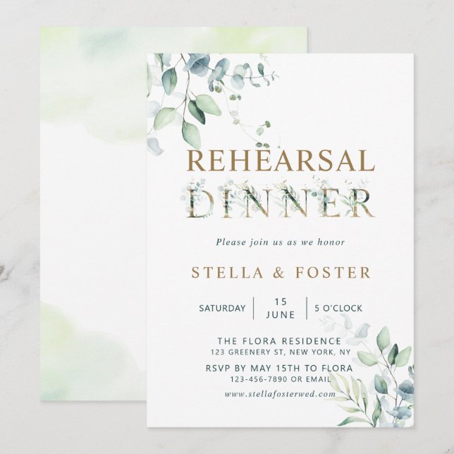 Invitation Lettre botanique Eucalyptus d'or Dîner de répétiti (Devant / Derrière)
