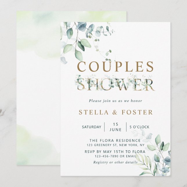 Invitation LETTRE BOtanique Eucalyptus D'Or Douche Couples (Devant / Derrière)