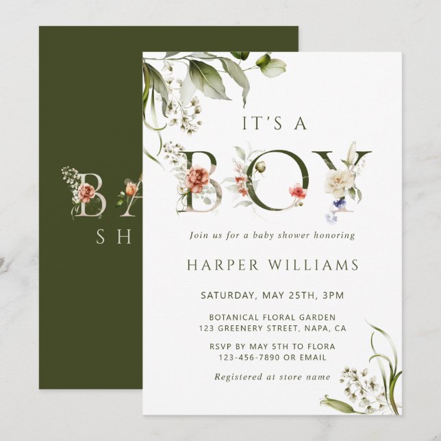 Invitation LETTRE BOtanique VERTE Olive Baby shower (Devant / Derrière)