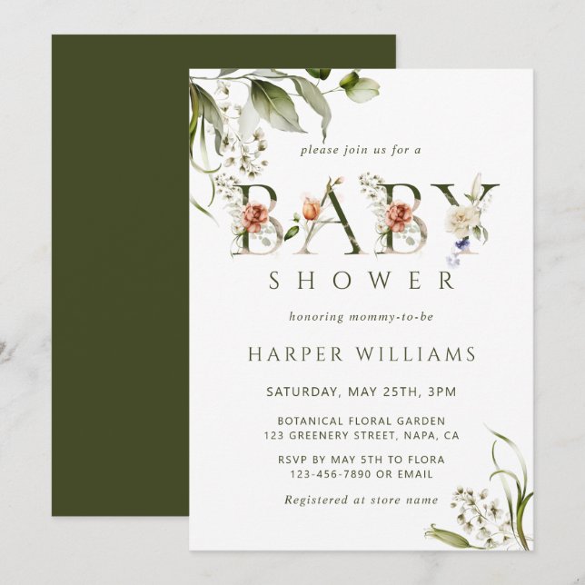 Invitation LETTRE BOtanique VERTE Olive Baby shower (Devant / Derrière)