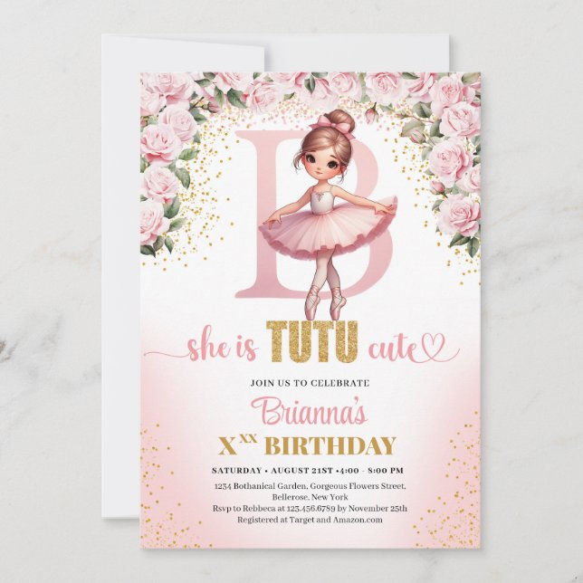 Invitation Lettre chic B monogramme ballerine fille anniversa (Devant)