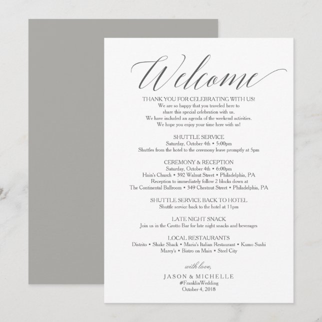 Invitation Lettre de bienvenue du Mariage de script gris (Devant / Derrière)