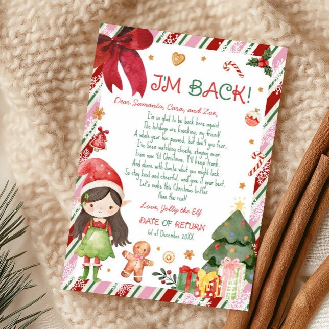 Invitation Lettre de fille pour Noël - Lettre de lutin - Cart (Christmas Dark Brown Hair Light Girl Letter from Elf Letter Card)