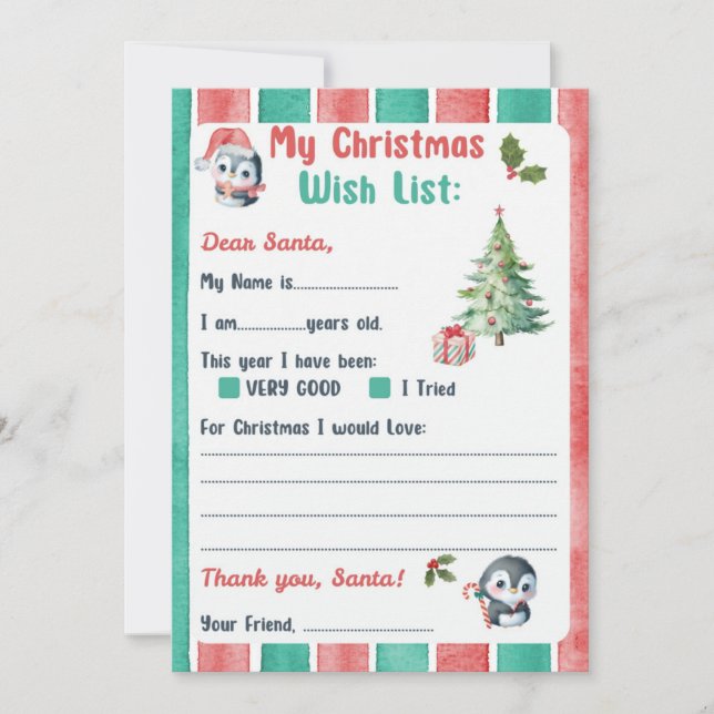 Invitation Lettre de Noël à Père Noël Penguin Thème (Devant)