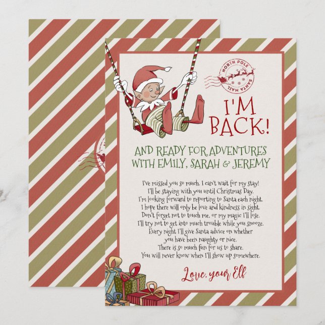 Invitation Lettre Elf "Je suis de retour" pour Noël (Devant / Derrière)