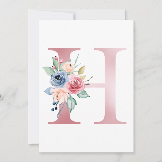 Invitation LETTRE Faux Pink Foil H Blush Monogramme Floral (Devant)