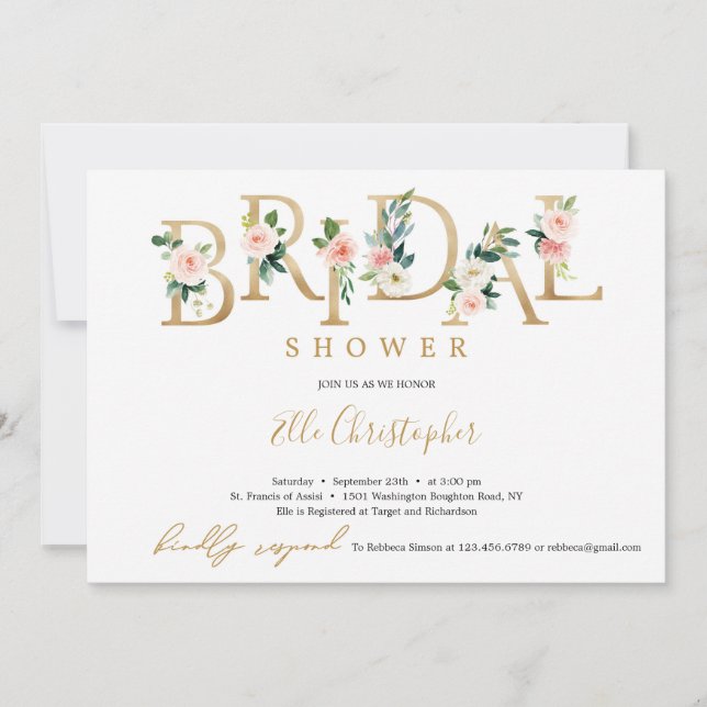 Invitation Lettre fleurie de feuille d'or bohème douche nupti (Devant)