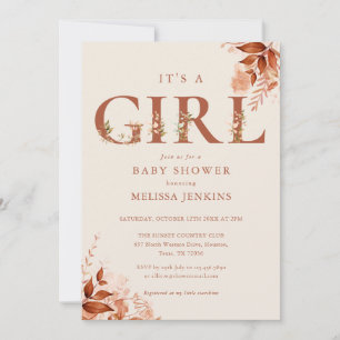Invitation Lettre florale A Girl Rustique Baby shower automne