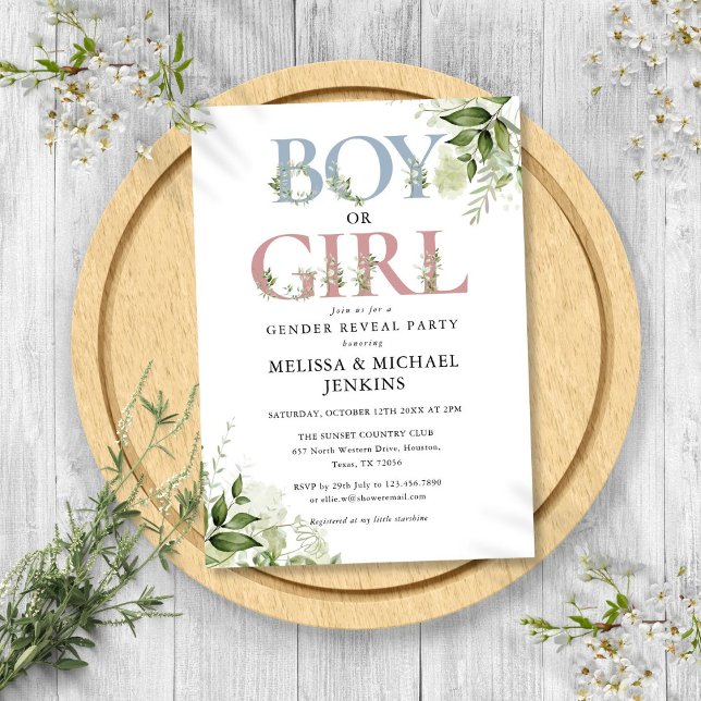 INVITATION LETTRE JEUNE OU FILLE VERDOYÈRE FÊTE DE RÉVÉLATION (Boy Or Girl Greenery Letter Gender Reveal Party Invitation)
