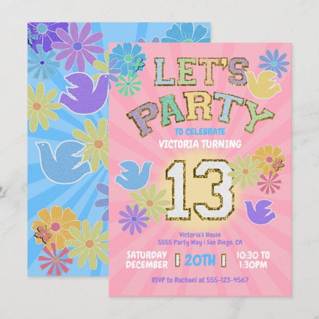 Invitation Lettre Patch Anniversaire Parti Rétro Preppy Hippi (Devant / Derrière)