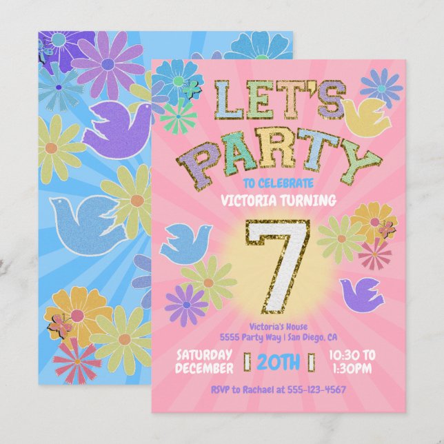 Invitation Lettre Patch Anniversaire Parti Rétro Preppy Hippi (Devant / Derrière)