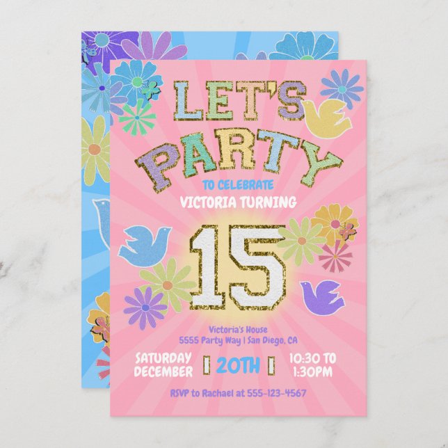 Invitation Lettre Patch Anniversaire Parti Rétro Preppy Hippi (Devant / Derrière)