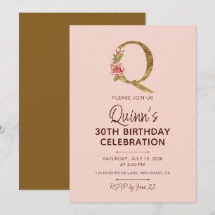 Invitation Lettre Q Monogramme Or Roses Rose Pâle