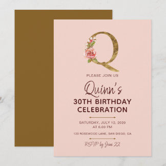 Invitation Lettre Q Monogramme Or Roses Rose Pâle