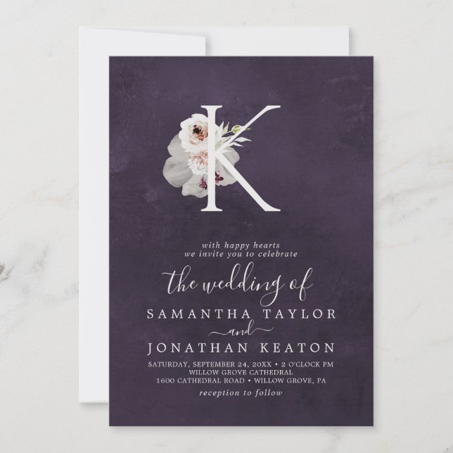 Invitation LETTRE Romance Florale K MONO | Mariage de prune (Devant)