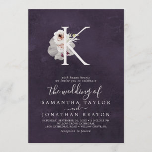 Invitation LETTRE Romance Florale K MONO   Mariage de prune