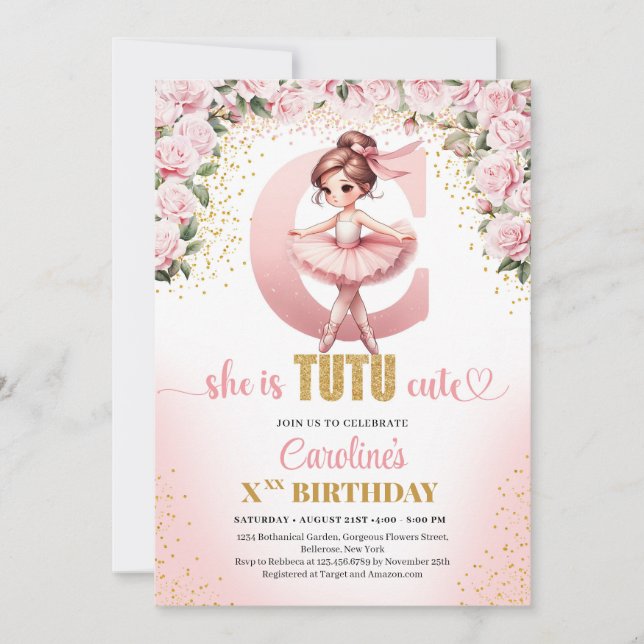 Invitation Lettre tendance C monogramme ballerine fille anniv (Devant)