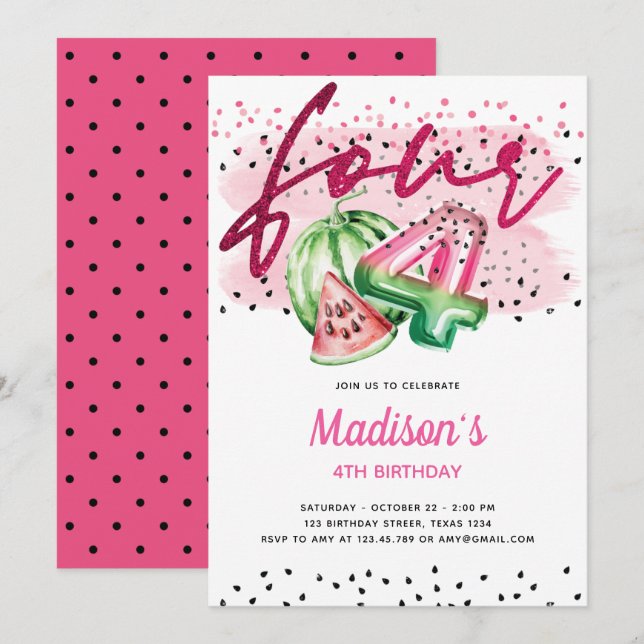 Invitation Lettres à ballons d'été Melon 4e anniversaire (Devant / Derrière)