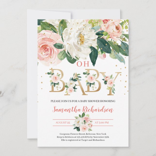 Invitation Lettres à huile d'or Rustique Blush rose floral bé (Devant)