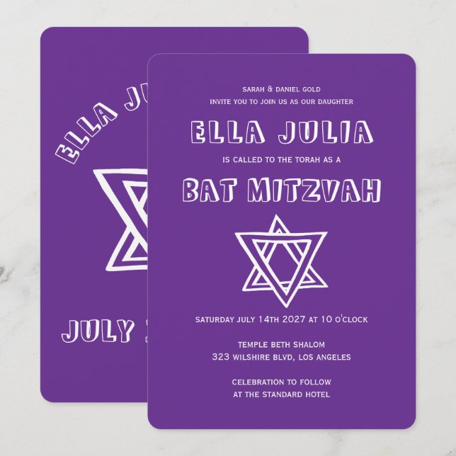 Invitation LETTRES DE DÉTAIL STAR DU Bat mitzvah DAVID Custom (Devant / Derrière)