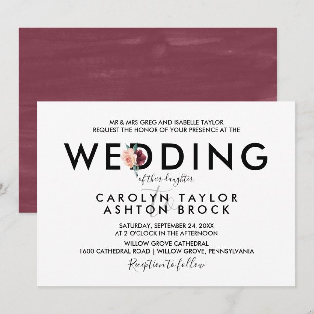 Invitation Lettres de fleurs | Mariage officiel Maroon (Devant / Derrière)
