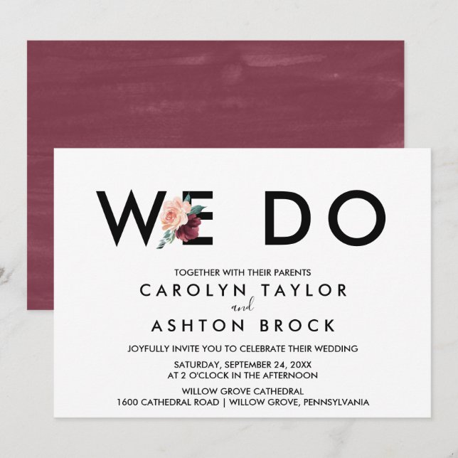 Invitation Lettres de fleurs | Maroon Nous faisons Mariage (Devant / Derrière)